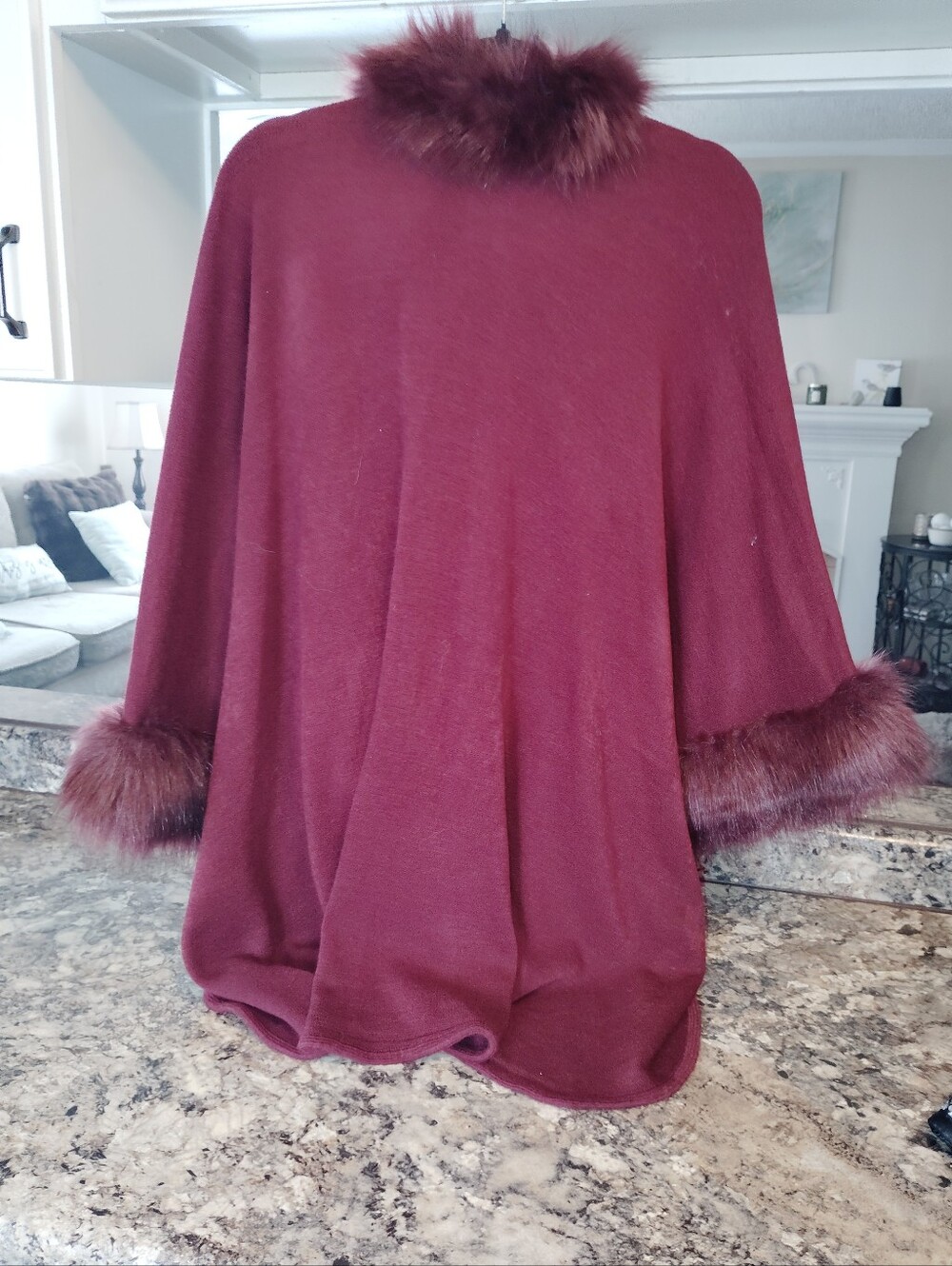 Faux Fur Trim Burgundy Cape - Picture 5 of 6